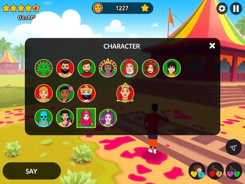 Holi Rainbow Runner gameplay screenshot showing colorful characters and environments