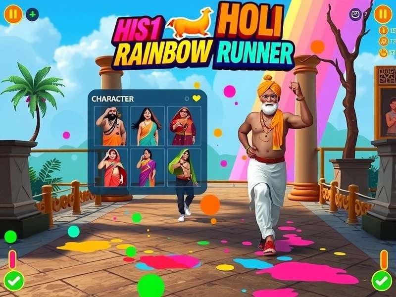 Holi Rainbow Runner character selection screen showing diverse Indian avatars